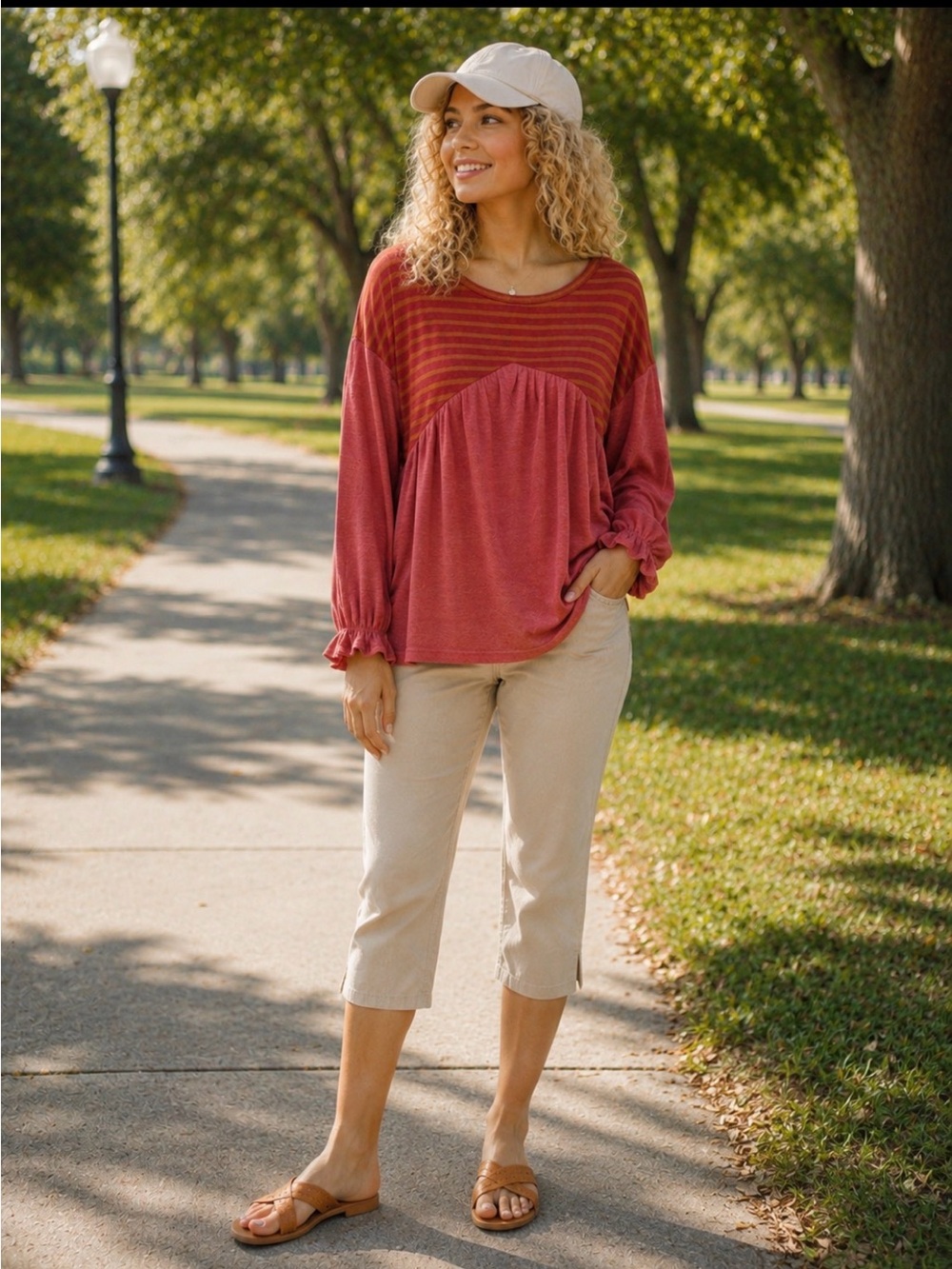Easel Crimson Red Striped Babydoll Long-Sleeve Top